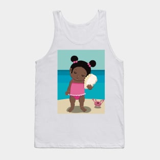 Vacation mood on - cute little dark girl having a quiet moment on the beach listening to the sound of a seashell, lighter ,no text Tank Top